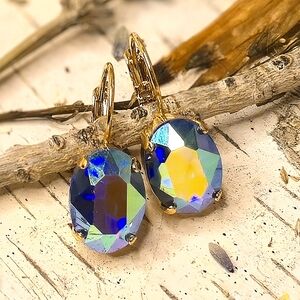 Blue So Very Metallic Swarovski Crystal In Gold Plated Drop Down Earrings